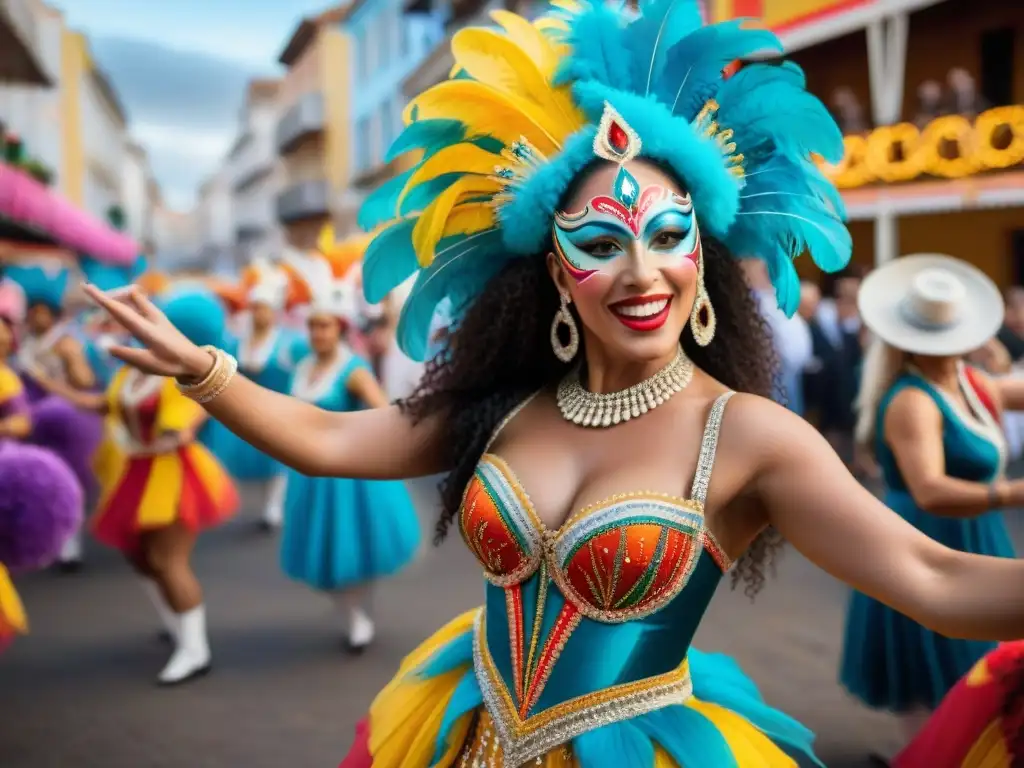 Vibrantes bailarines uruguayos en trajes de carnaval, ejecutando movimientos tradicionales con alegría y precisión