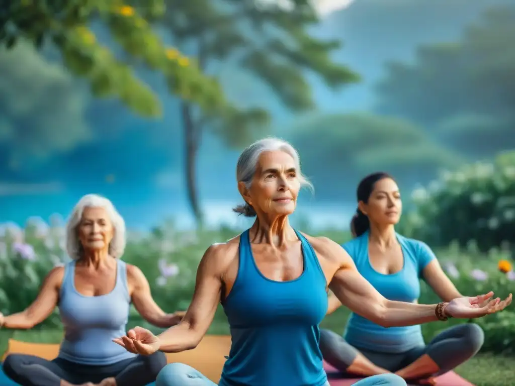 Envejecer saludablemente en Uruguay: Grupo de seniors vibrantes practicando yoga al aire libre en un parque pintoresco