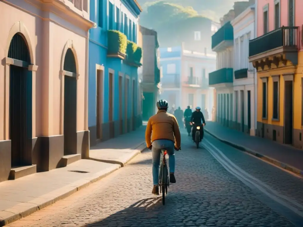 Vida urbana en Uruguay: arquitectura diversa y arte callejero en la hora dorada Vida urbana en Uruguay: arquitectura diversa, arte callejero vibrante y personas moviéndose por la ciudad al atardecer
