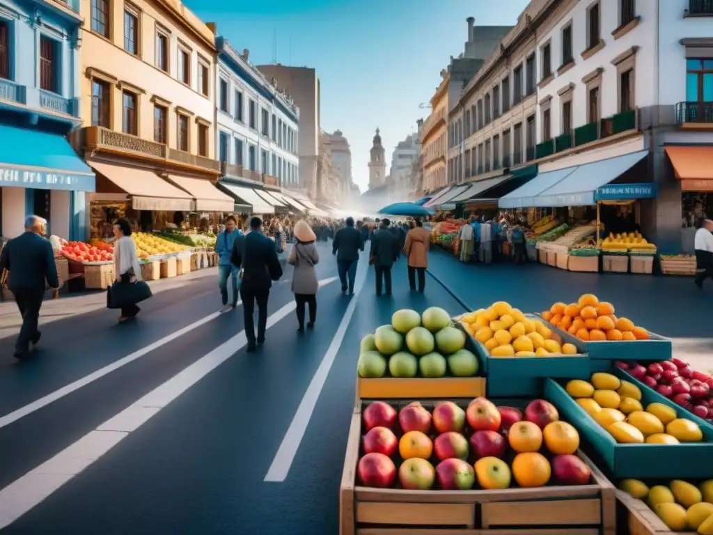 La vida urbana de Montevideo con puestos de frutas frescas y coloridas, reflejo de snacks saludables para uruguayos