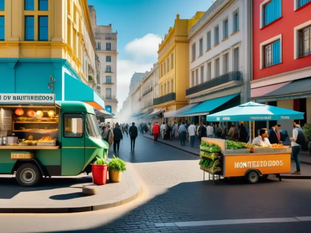 Vida urbana vibrante con almuerzos rápidos saludables en Montevideo, Uruguay