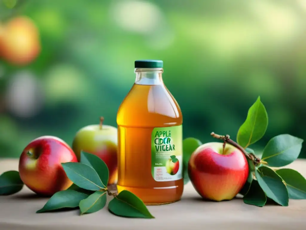 Vinagre de manzana beneficios Uruguay: Botella rodeada de manzanas frescas, hojas verdes y cinta métrica, transmitiendo vitalidad