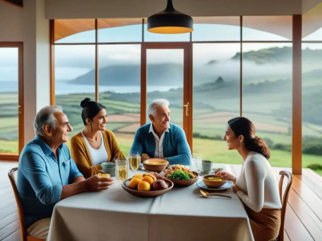 Vínculos familiares en Uruguay: tres generaciones comparten mate y comida tradicional en una mesa elegante, en una sala con vista al campo