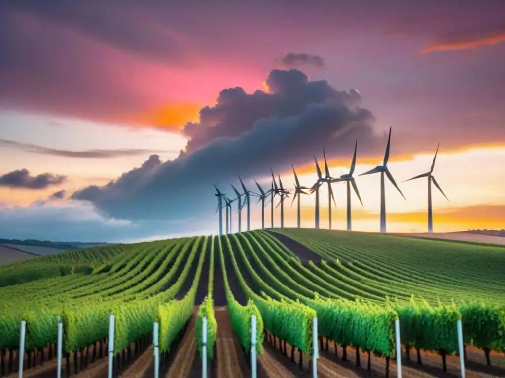 Viñedo exuberante en Uruguay con atardecer rosa y naranja, turbinas eólicas al fondo simbolizando agricultura sostenible cambio climático Uruguay