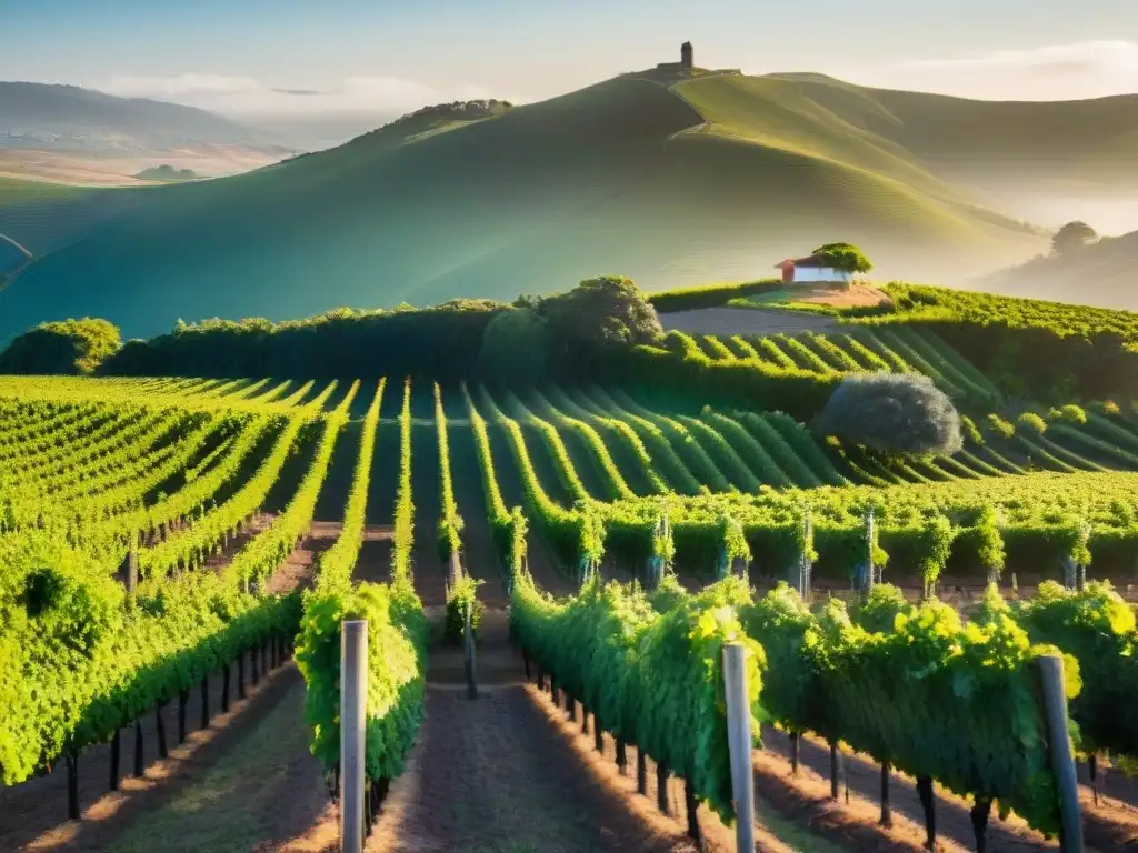 Viñedo exuberante en Uruguay al atardecer, uvas moradas y colinas