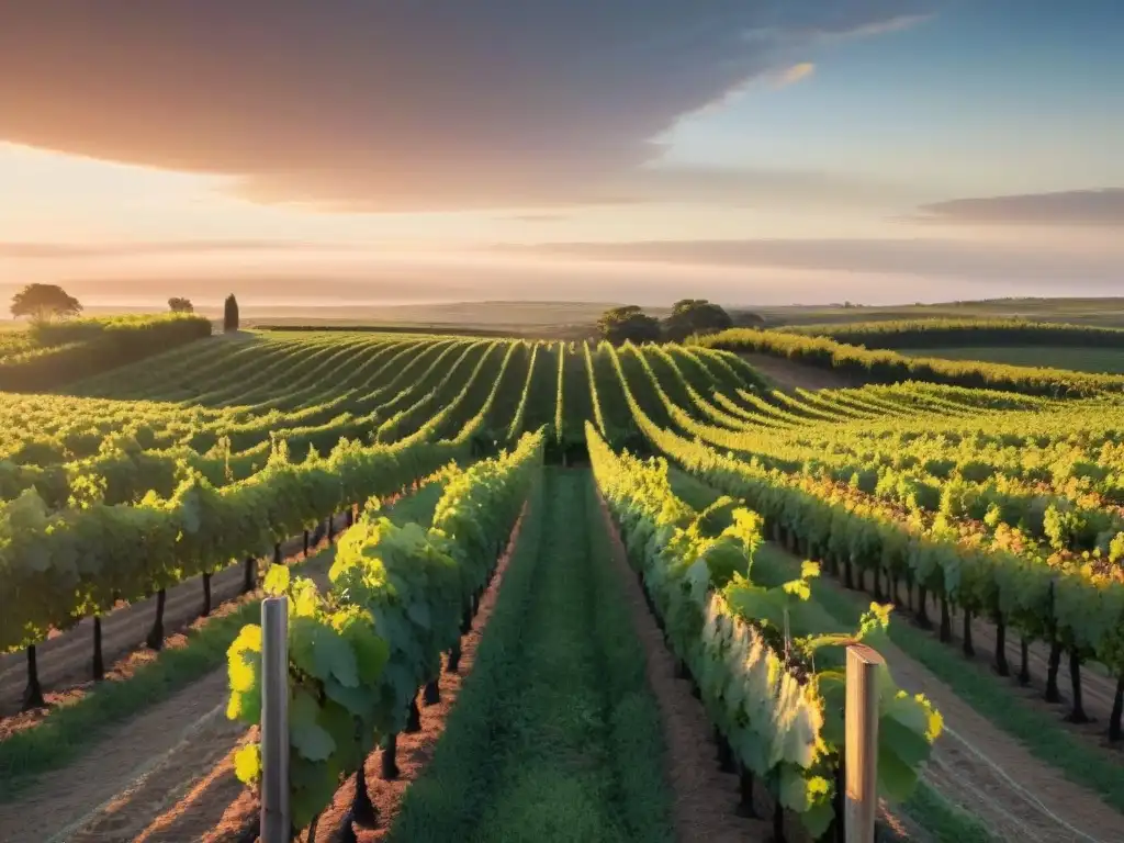 Un viñedo exuberante en Uruguay al atardecer