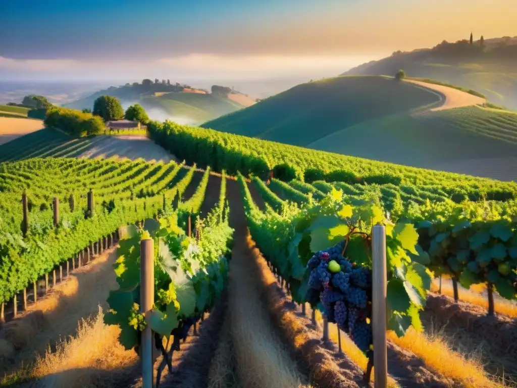 Un viñedo exuberante bajo la cálida luz del atardecer, uvas moradas listas para cosechar