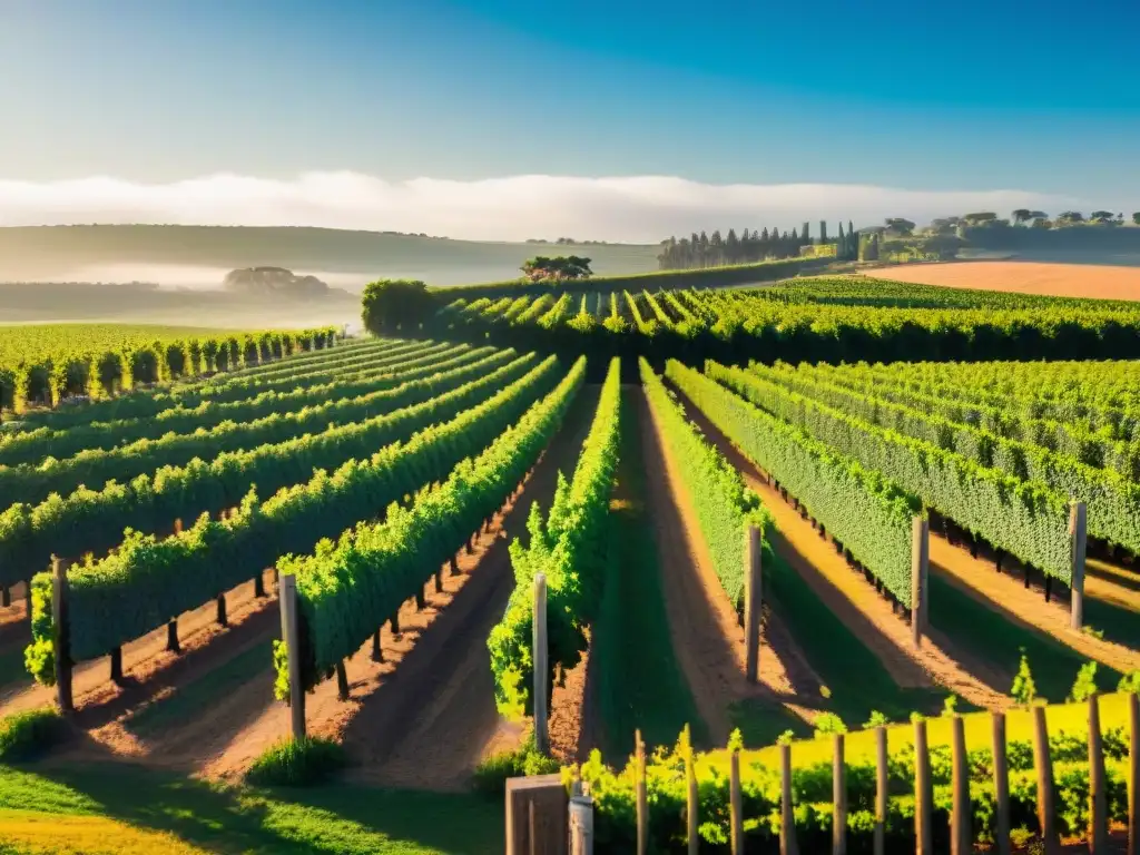 Un viñedo orgánico sostenible en Uruguay bañado por el sol, donde agricultores cuidan con esmero las vides