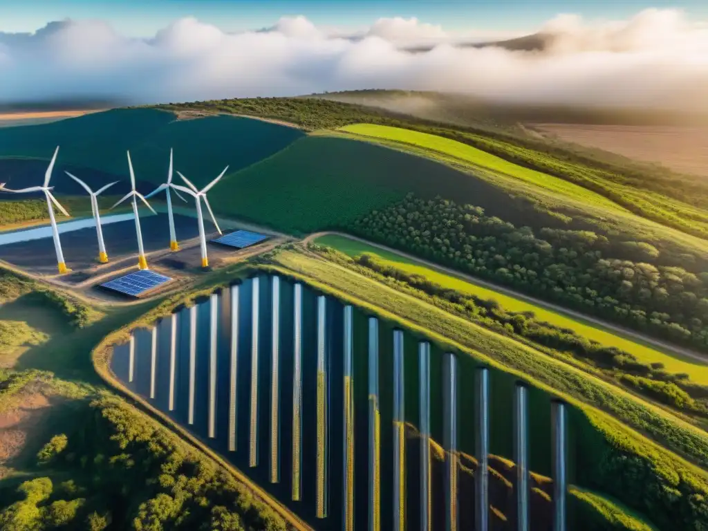 Una visión aérea impresionante de una minería sostenible en Uruguay, donde la tecnología y la naturaleza se fusionan armoniosamente