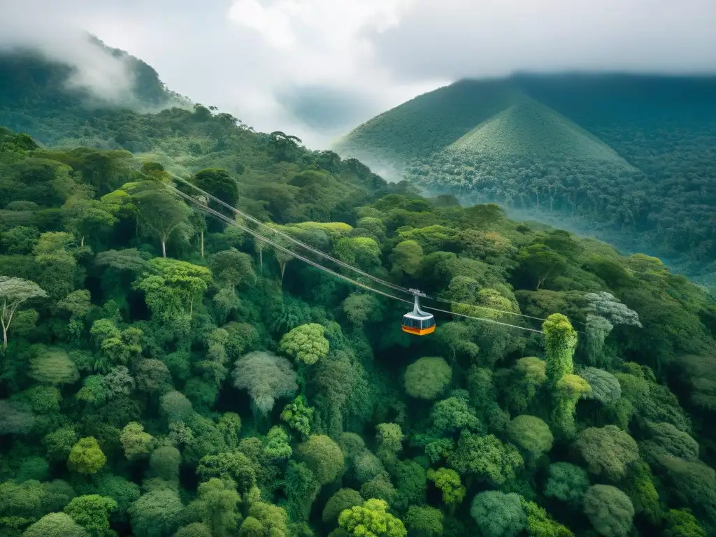 Vista aérea asombrosa de Canopy Atlántida, bienestar integral entre montañas verdes exuberantes y plataformas ecológicas