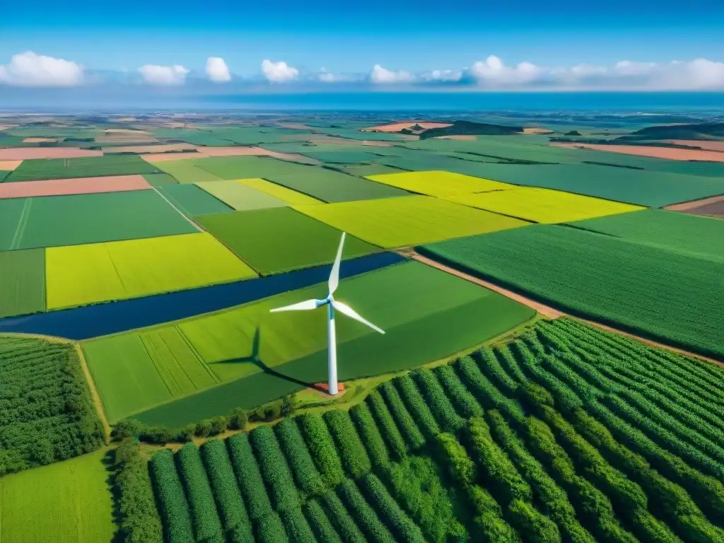 Vista aérea de campos verdes y molinos de viento en Uruguay simbolizando la armonía entre tecnología y naturaleza en Softwares Ambientales Bienestar Uruguay