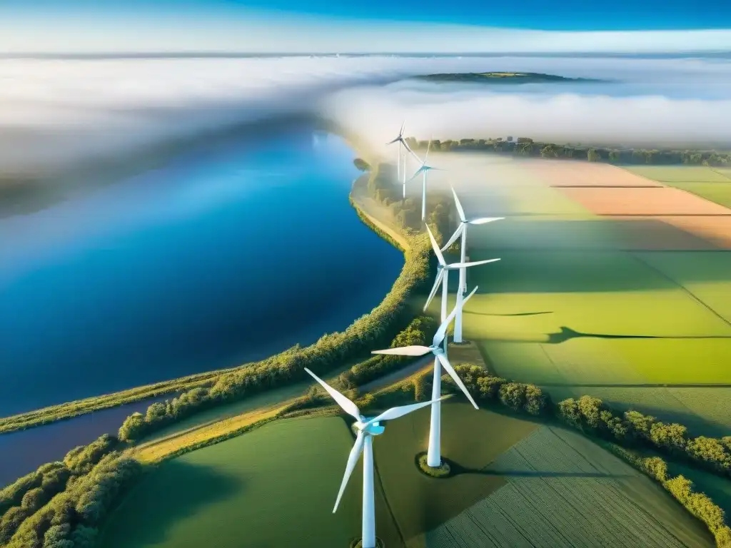 Vista aérea de campos verdes y molinos de viento en Uruguay, destacando la armonía entre naturaleza y tecnología