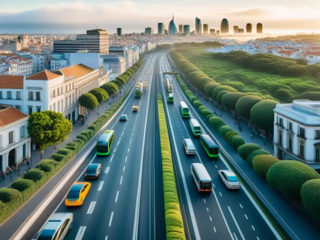 Vista aérea de una ciudad en Uruguay con alternativas de transporte sostenible como buses eléctricos y ciclistas en carriles dedicados