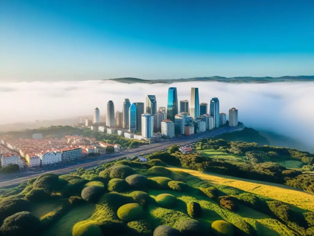 Vista aérea de ciudad en Uruguay, skyline moderno entre naturaleza, simbolizando calidad aire y salud pública en Uruguay