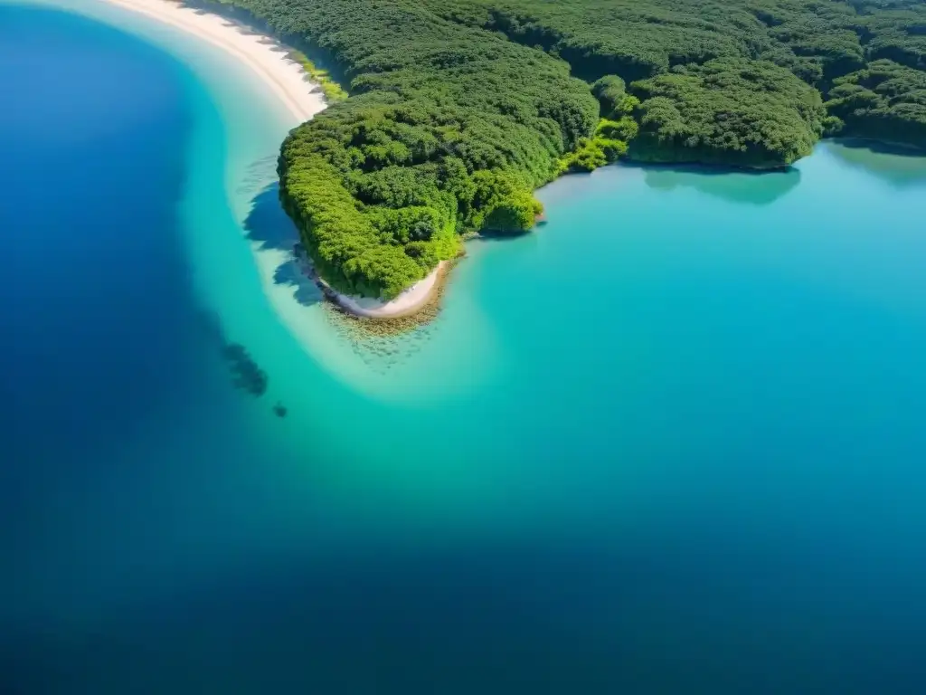 Vista aérea cristalina de Laguna Garzón en Uruguay, resaltando la pureza del agua y la biodiversidad