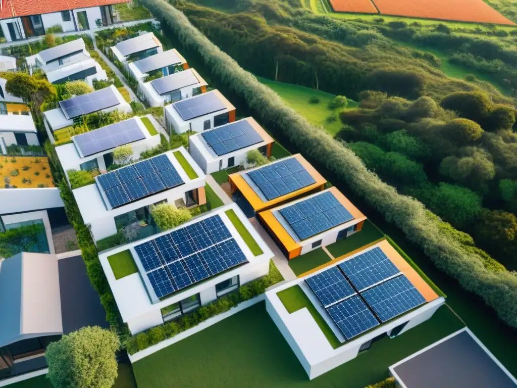 Vista aérea de desarrollo habitacional sostenible en Uruguay con casas modernas, paneles solares y jardines comunitarios