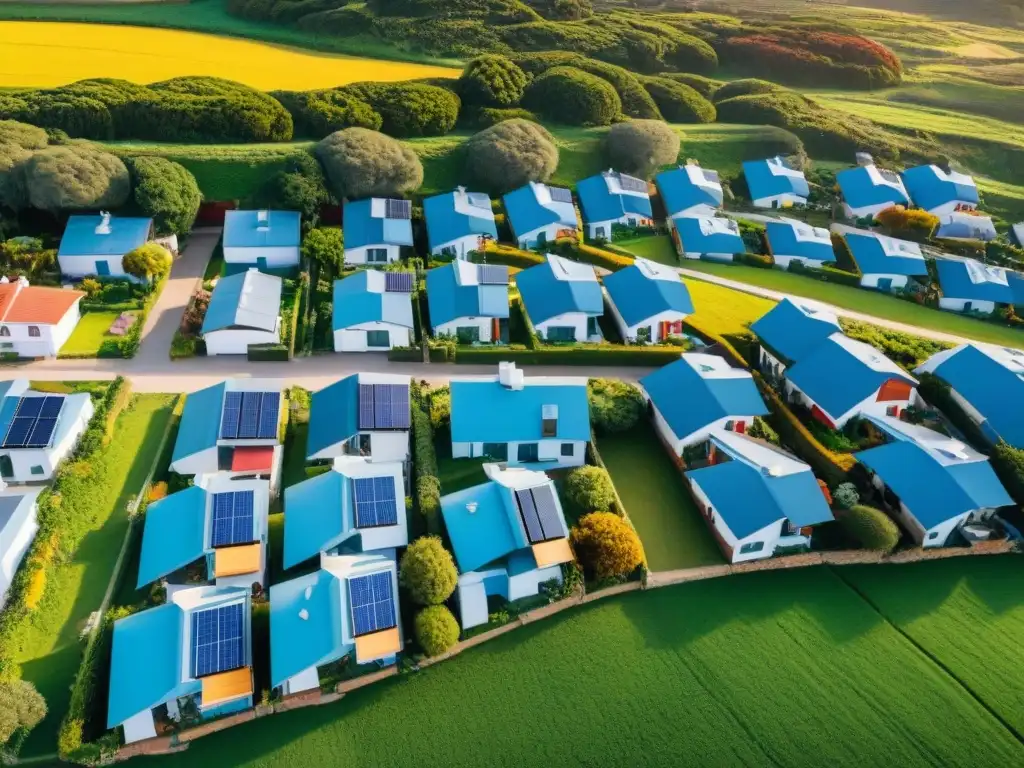 Vista aérea detallada de un barrio pintoresco en Uruguay con casas coloridas, paneles solares, jardines verdes y molinos de viento