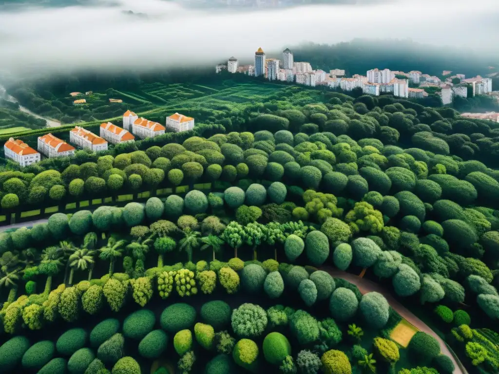 Vista aérea detallada de una bulliciosa ciudad en Uruguay, donde la reforestación urbana se fusiona armoniosamente con la arquitectura moderna