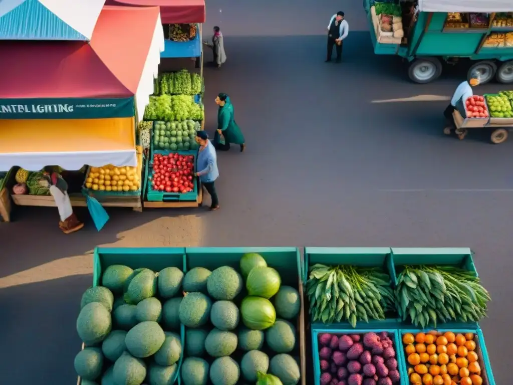 Vista aérea detallada de un bullicioso mercado de agricultores en Montevideo, Uruguay, con puestos coloridos de productos frescos y locales