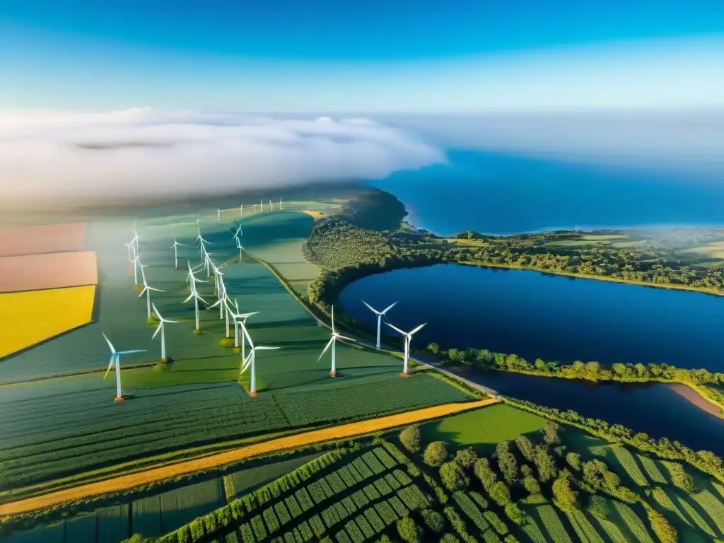 Vista aérea detallada de la campiña uruguaya con molinos de viento y paneles solares bajo un cielo azul