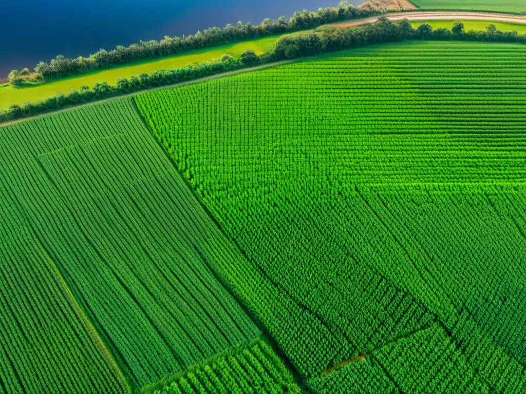 Vista aérea detallada de campos verdes en Uruguay, destacando la belleza de Alimentos Kilómetro Cero Uruguay