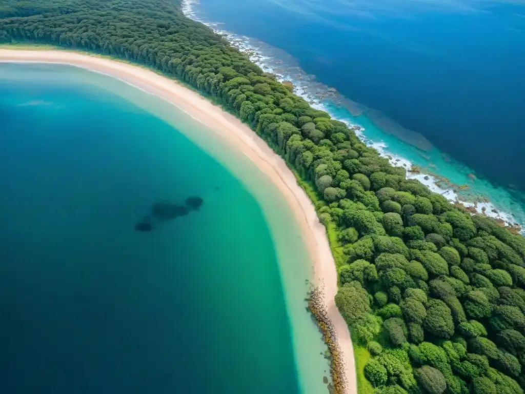 Vista aérea detallada de la costa de Uruguay: bosques verdes y océano azul, bajo cielo despejado