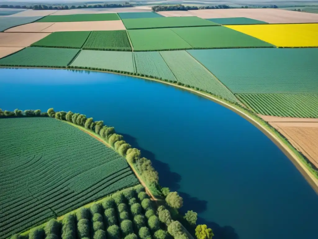 Vista aérea detallada de cultivos verdes en Uruguay, resaltando innovación agrícola y seguridad alimentaria frente al impacto del cambio climático