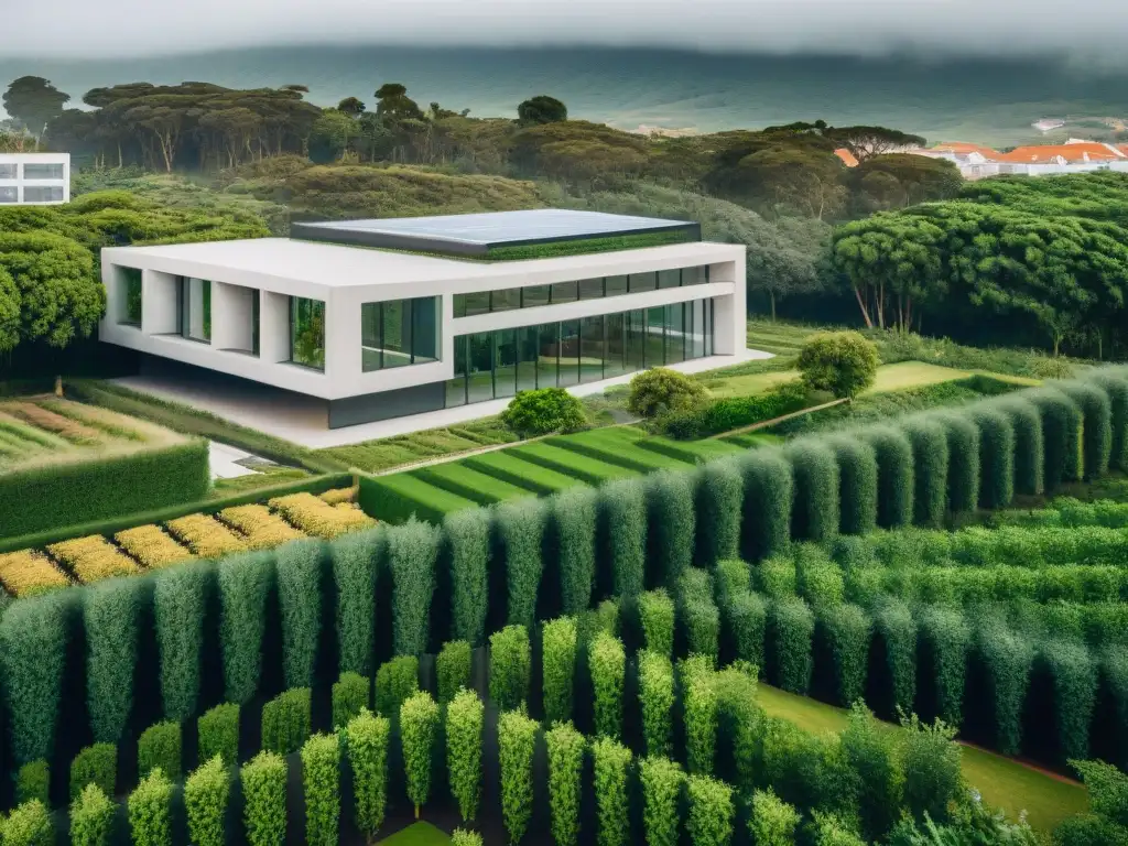 Vista aérea detallada de edificio de oficinas en Uruguay con espacios verdes, destacando importancia de integrar naturaleza