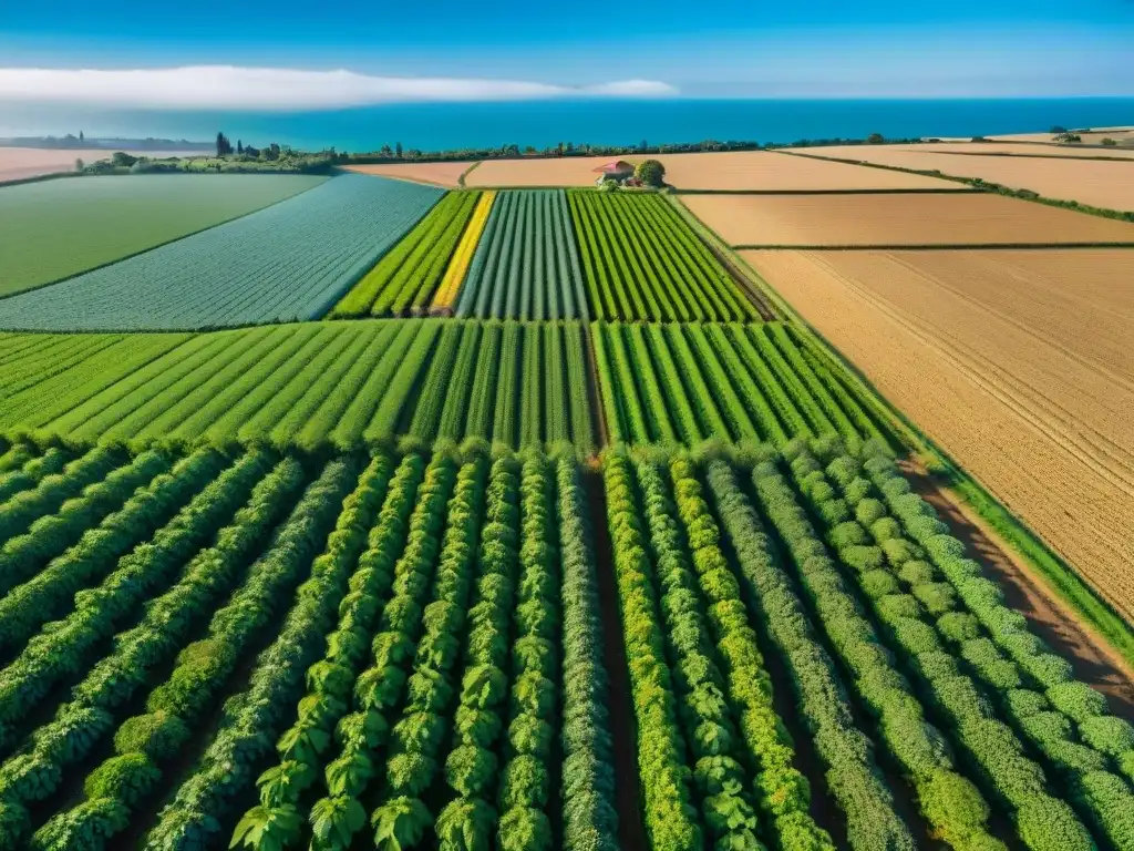 Vista aérea detallada de una granja orgánica en Uruguay, campos verdes y un agricultor