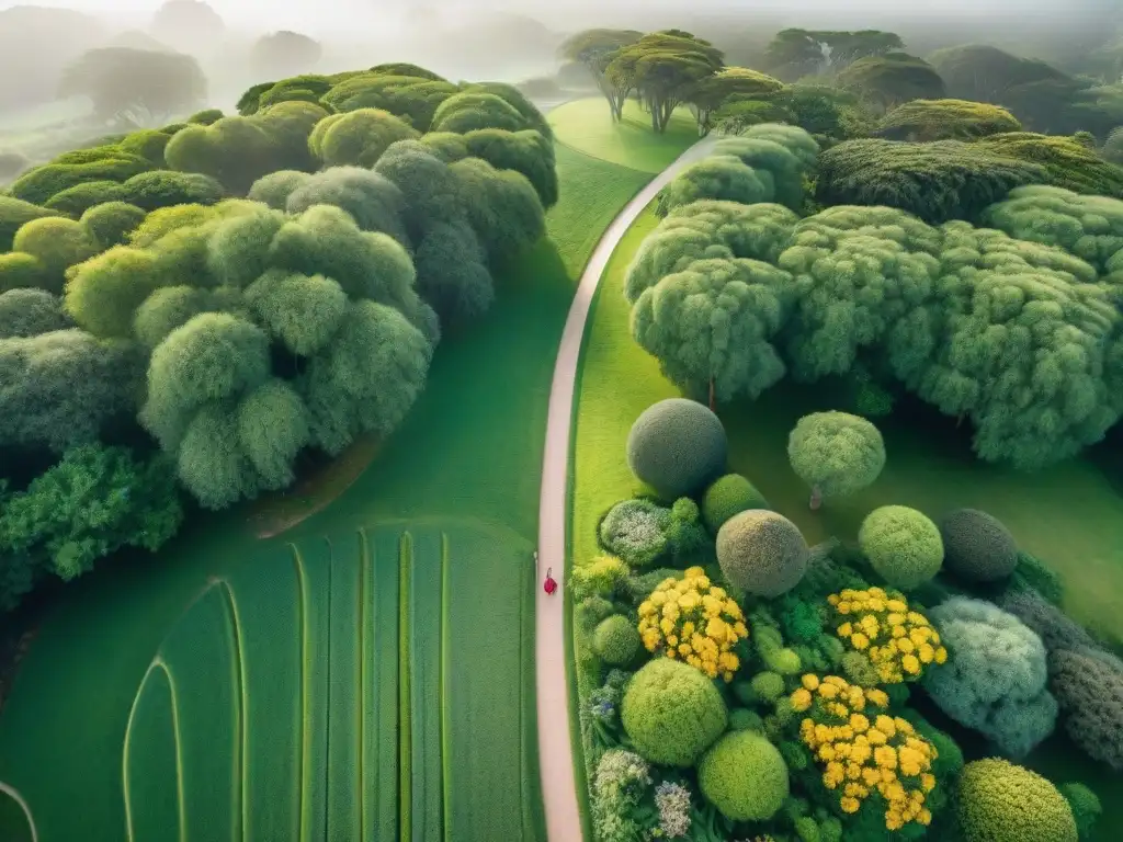 Vista aérea detallada de parque verde en Uruguay con personas practicando yoga y jogging