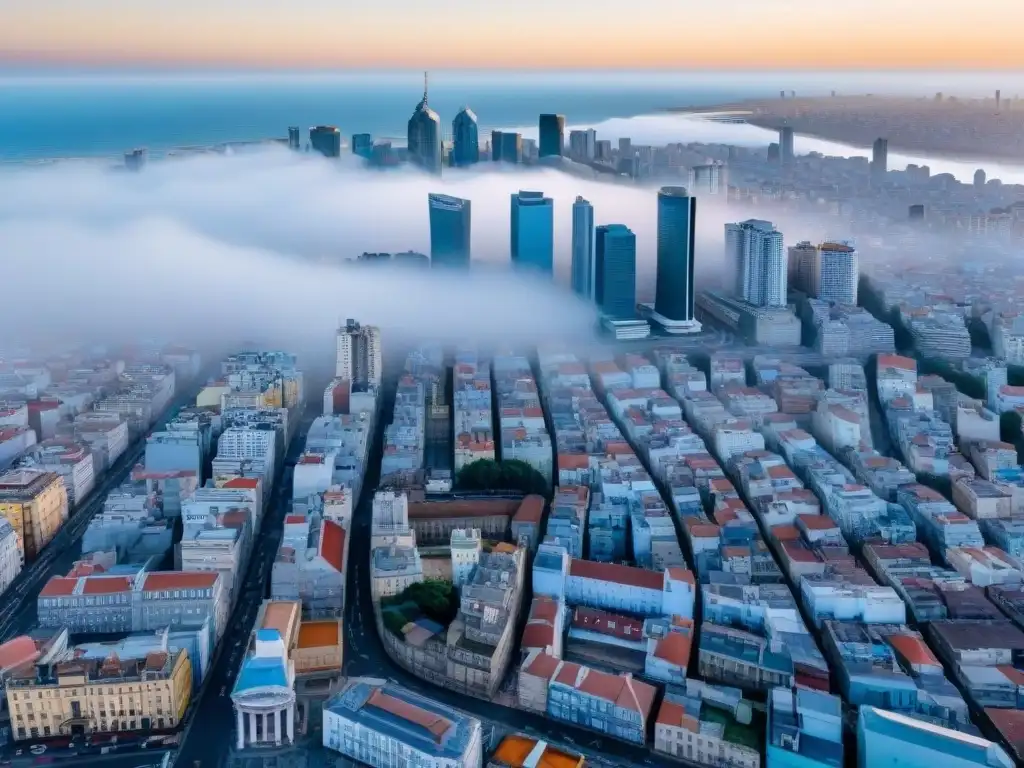 Vista aérea detallada de Montevideo, Uruguay, con skyline envuelto en smog y contaminación, mostrando la gravedad de la contaminación en la ciudad