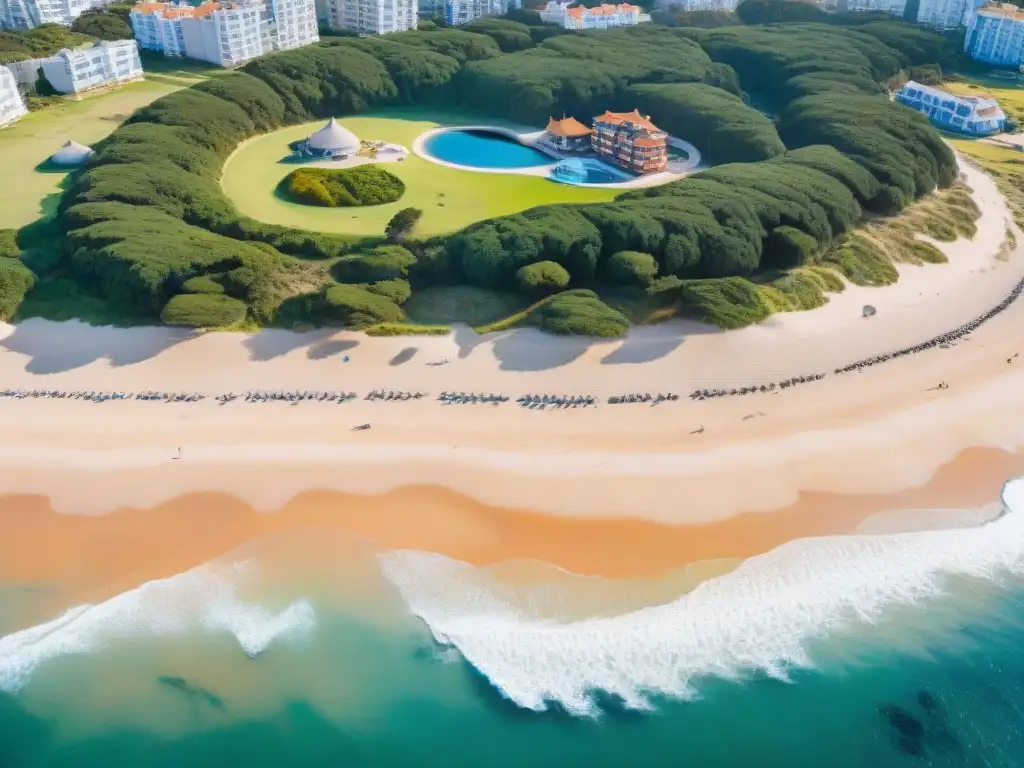 Vista aérea detallada y vibrante de la costa de Punta del Este, Uruguay, con playas doradas, mar azul y gente disfrutando de actividades relajantes