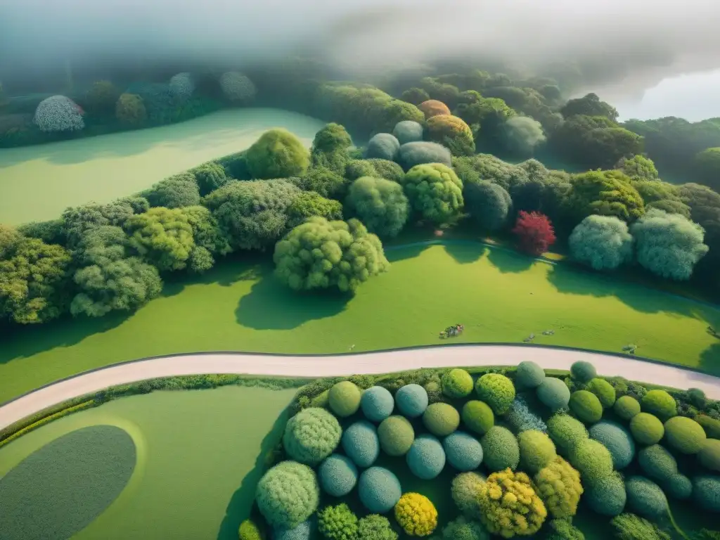 Vista aérea detallada de un vibrante espacio verde comunitario en Uruguay, mostrando armonía entre naturaleza y urbanismo