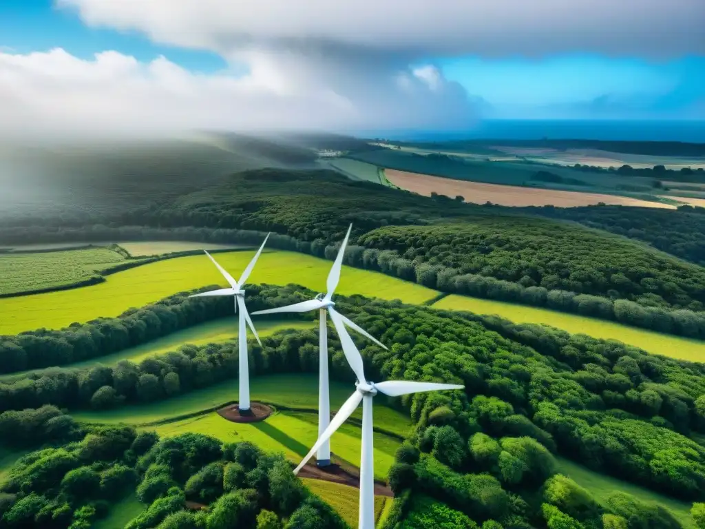 Vista aérea de Uruguay: naturaleza exuberante y desarrollo sostenible con molinos eólicos, paneles solares y edificios ecológicos