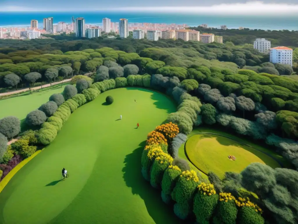 Vista aérea de un exuberante parque urbano en Uruguay, integrando naturaleza y modernidad