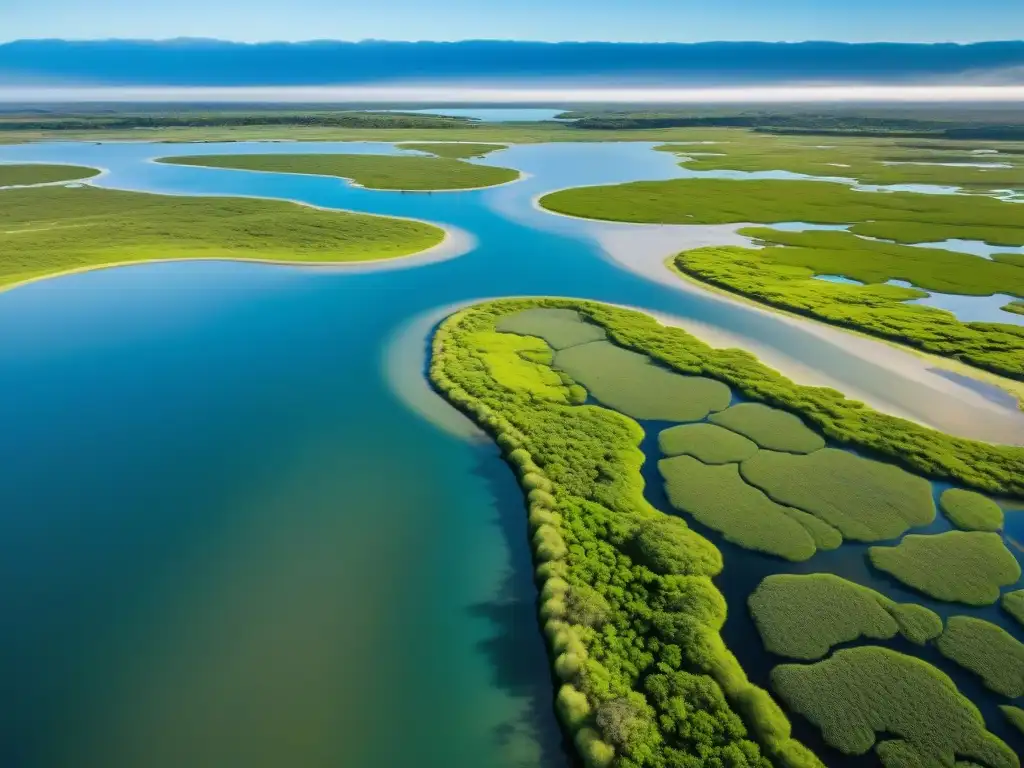 Vista aérea de humedales en Uruguay, destacando su diversa flora y fauna