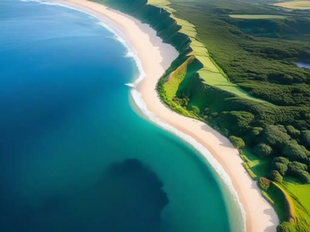 Vista aérea impactante de la costa de Uruguay, mostrando la armonía entre la exuberante vegetación y el azul profundo del océano, reflejando la belleza natural de Uruguay y la preocupación por el impacto del cambio climático en este escenario pintoresco