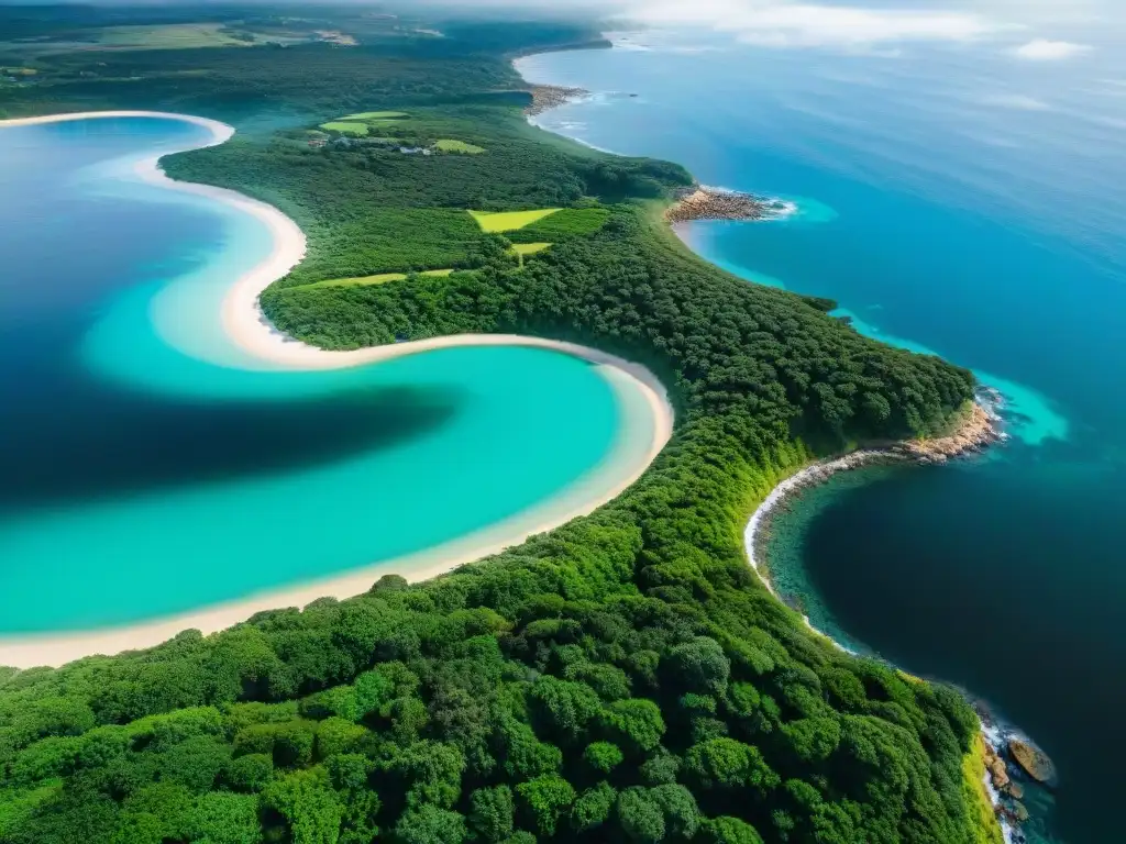 Vista aérea impacto ambiental turismo Uruguay: playas prístinas, aguas turquesas, vegetación exuberante y prácticas sostenibles