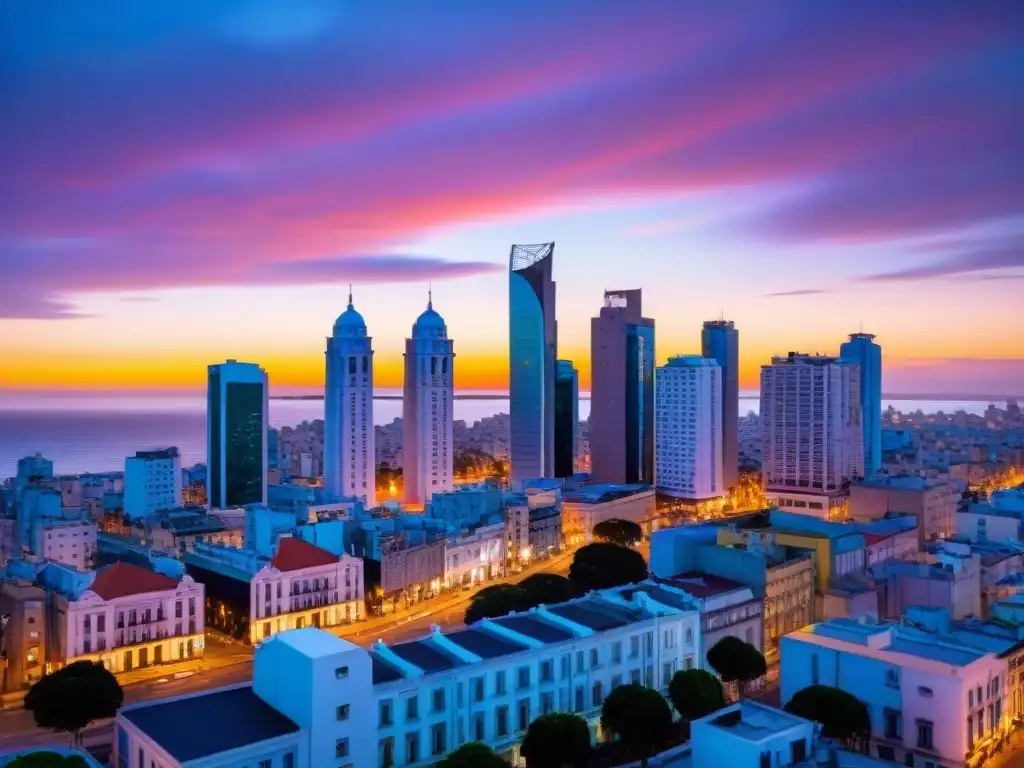 Vista aérea impresionante de Montevideo al atardecer, reflejos de edificios iluminados en el Río de la Plata