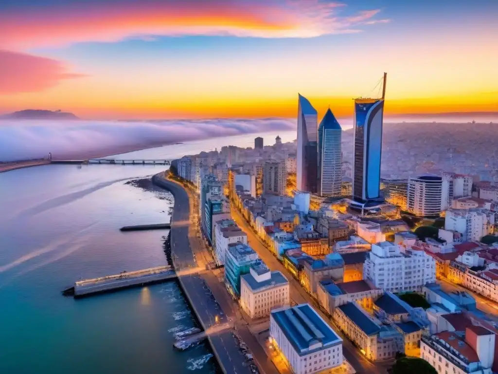 Vista aérea impresionante de Montevideo al atardecer, reflejos en el Río de la Plata y arquitectura moderna junto a Ciudad Vieja