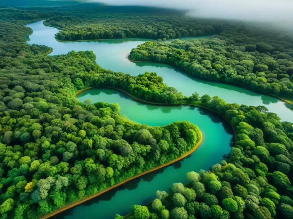 Vista aérea impresionante de un bosque verde exuberante con un río serpenteante, mostrando la belleza natural de Uruguay