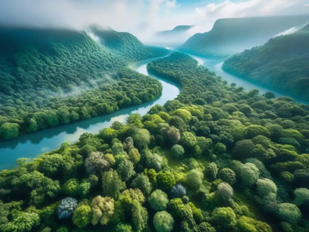 Vista aérea impresionante de bosques verdes y río sereno bajo cielo azul