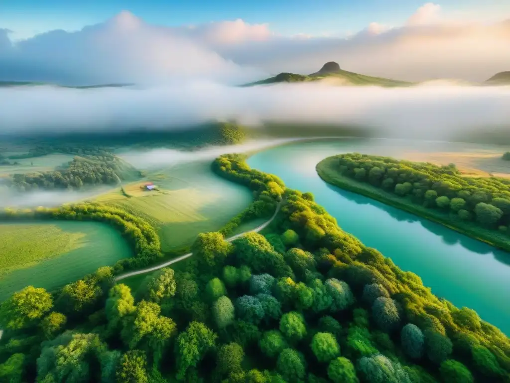 Vista aérea impresionante de campo verde en Uruguay, río serpenteante, cabañas rústicas y flores silvestres