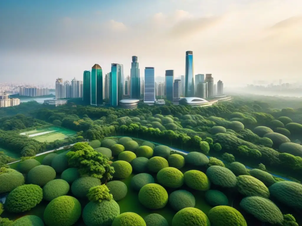 Vista aérea impresionante de ciudad y espacios verdes urbanos