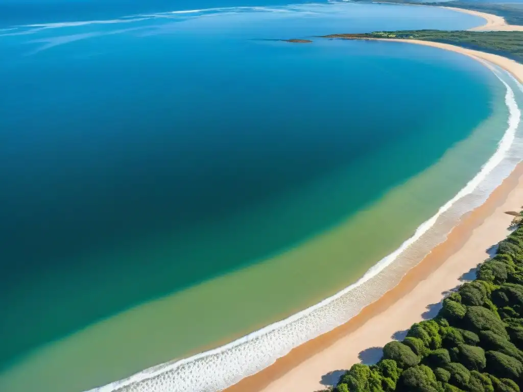 Vista aérea impresionante de la costa de Uruguay: aguas azules del Atlántico y playas doradas bajo cielo despejado