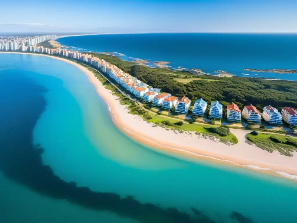 Vista aérea impresionante de la costa de Punta del Este, Uruguay, con playas doradas y propiedades lujosas frente al mar