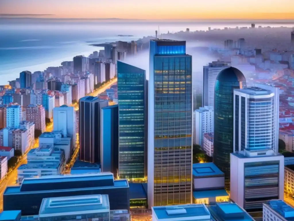 Vista aérea impresionante del distrito financiero en Uruguay, con rascacielos modernos reflejando la luz dorada en un cielo azul vibrante