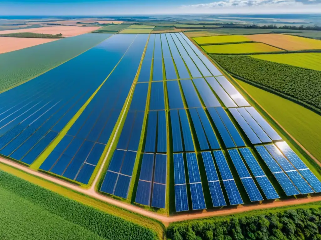 Vista aérea impresionante de granja solar en Uruguay, paneles brillantes forman patrones geométricos contrastando con el paisaje verde