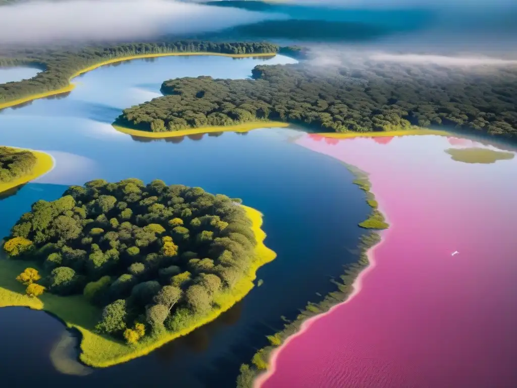 Vista aérea impresionante de los humedales de Uruguay, destacando la red de agua, vegetación exuberante y vida silvestre