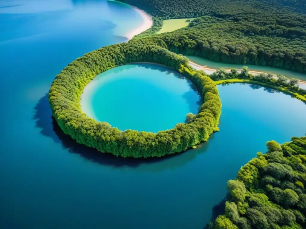 Vista aérea impresionante de Laguna Garzón en Uruguay, aguas azules serenas rodeadas de vegetación y colinas bajo cielo despejado